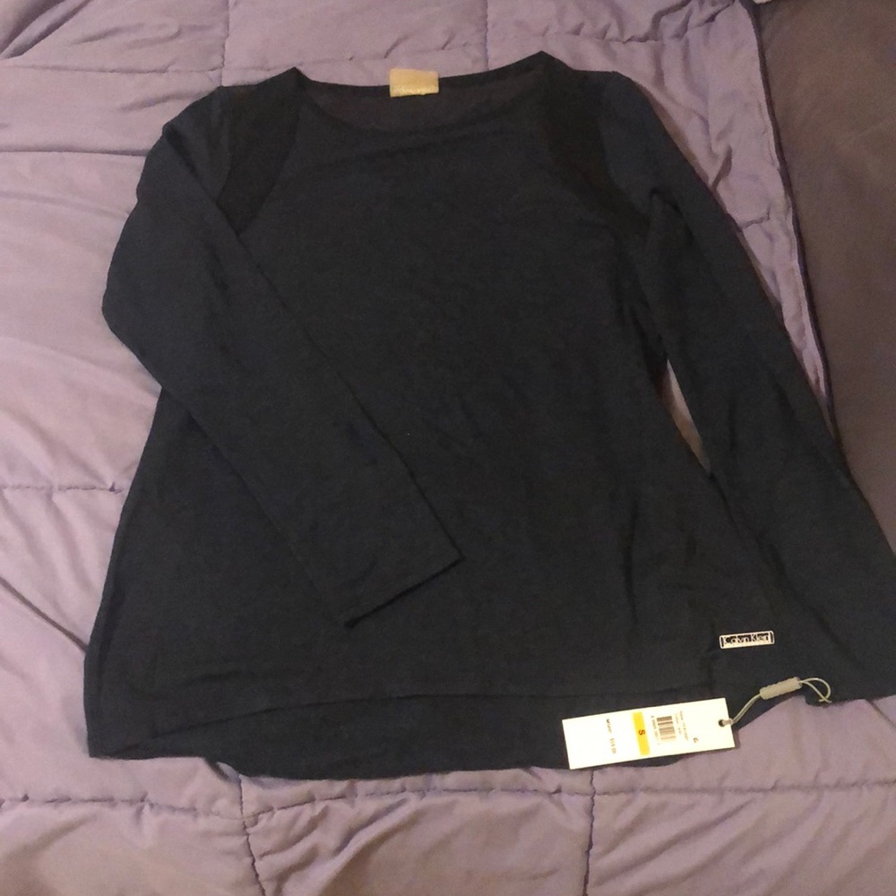 Calvin Klein navy blue-grey long sleeve top with mesh around the shoulders